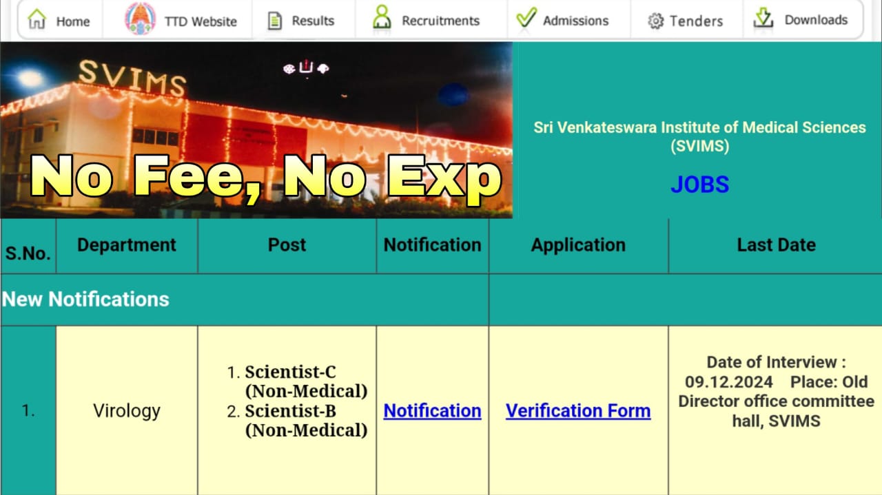 Latest Jobs : శ్రీ వెంకటేశ్వర మెడికల్ కళాశాలలో సూపర్ నోటిఫికేషన్ విడుదల | SVIMS Scientist C Job Recruitment Apply online Now | Gk 15 Telugu