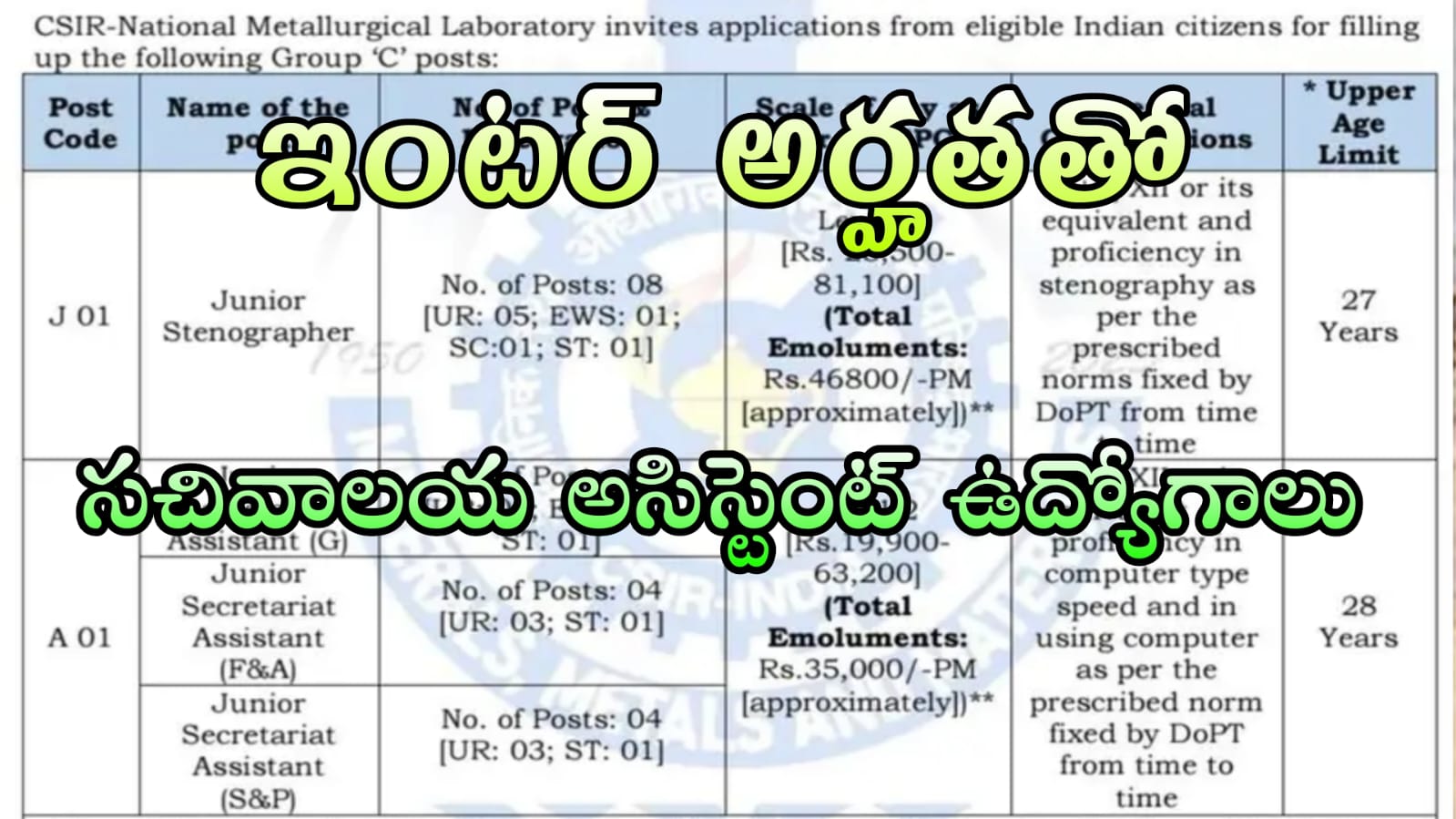 ఇంటర్మీడియట్ అర్హతతో జూనియర్ సెక్రెటరీ అసిస్టెంట్ ఉద్యోగం నోటిఫికేషన్