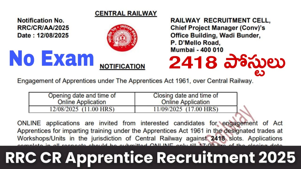 Railway Jobs : రాత పరీక్ష లేకుండా రైల్వే లో బంపర్ నోటిఫికేషన్ విడుదల | RRB Central Railway Apprentices Notification 2025