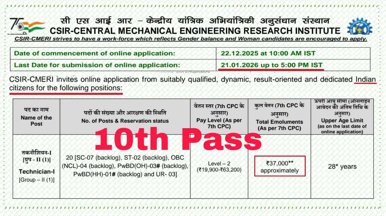 10th Pass Jobs – వ్యవసాయ పరిశోధన కేంద్రంలో ఉద్యోగ నోటిఫికేషన్ విడుదల | CSIR-CMERI Recruitment 2025 In Telugu | Free jobs in Telugu