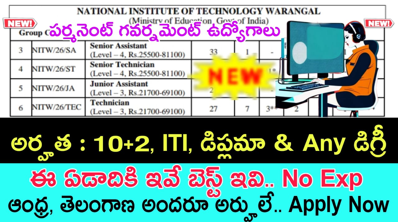 Govt Jobs : 12th అర్హతతో జూనియర్ అసిస్టెంట్ ఉద్యోగాల భర్తీ | NITW – Non Teaching Recruitment 2025 Online Apply Now